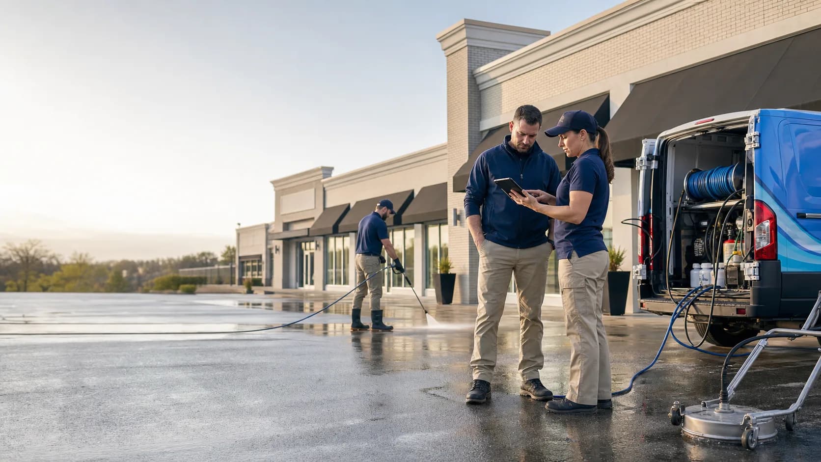 A field-service franchise team coordinating a pressure washing job outside a storefront.